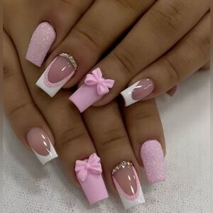 Brand New 24pcs Pink & White French-Style with Bow & Rhinestones Press On Nails